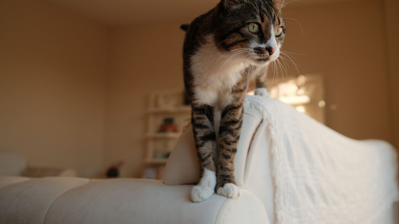A tabby and white cat standing on the back of a cream sofa, claws resting on the fabric, looking across a sunlit room.
