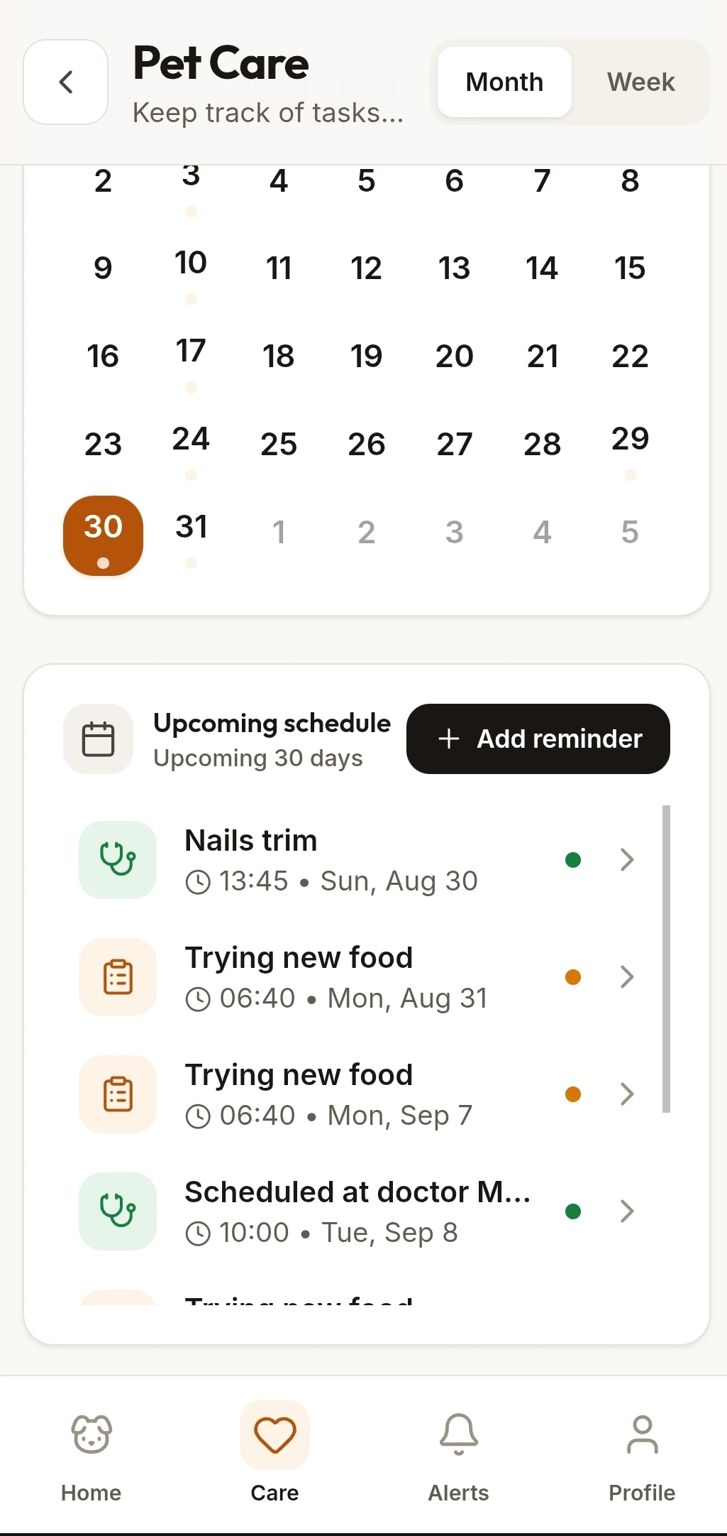 The care calendar in mypet care, showing a month with marked days and an upcoming schedule of a nail trim, a food change and a vet appointment.