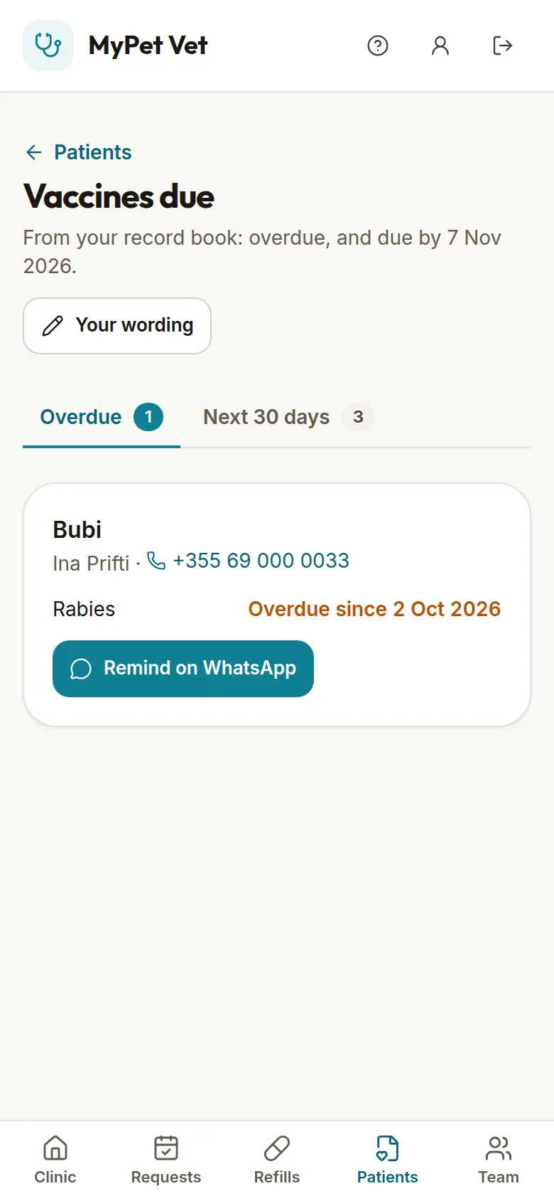 The vaccines due list in mypet vet: a dog whose rabies vaccine is overdue, with a Remind on WhatsApp button.