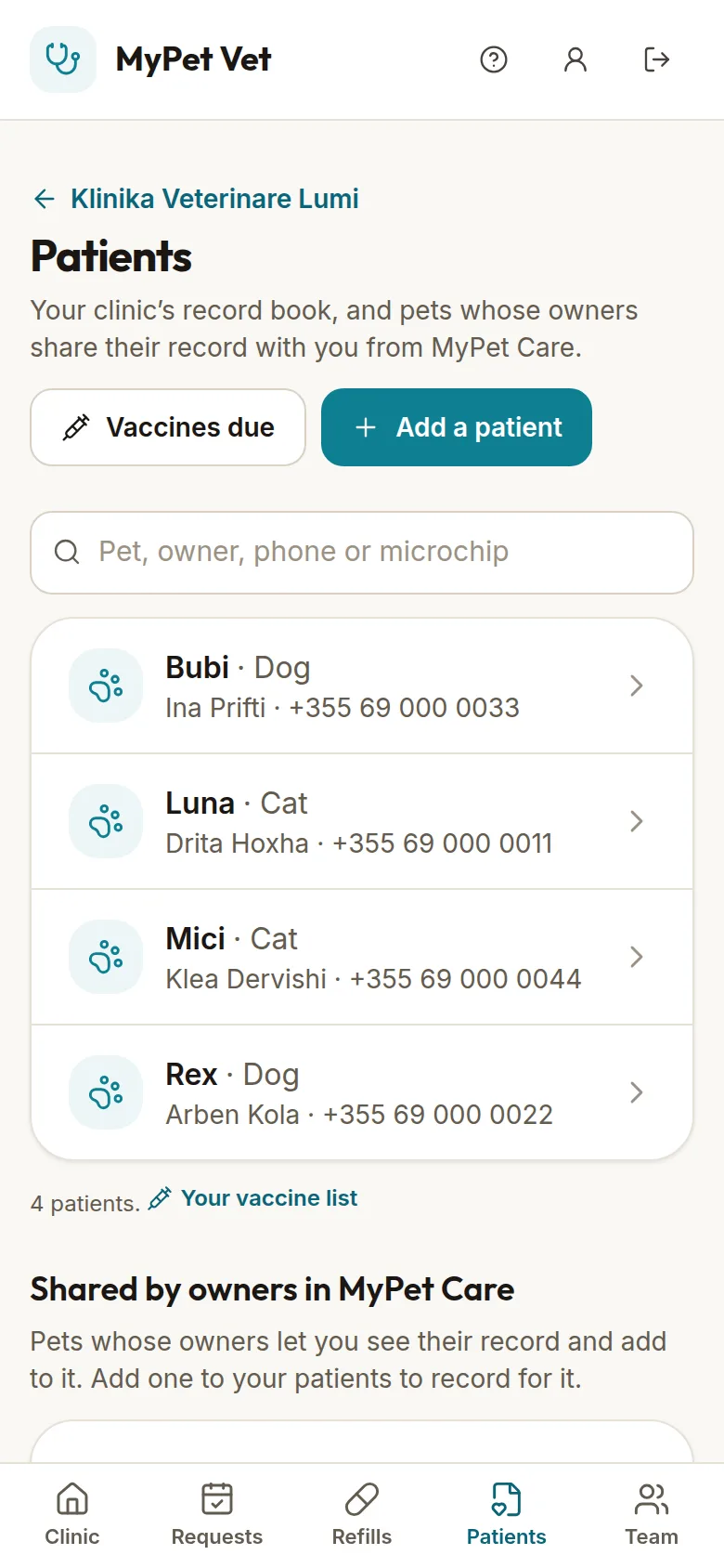 The patients list in mypet vet: four pets with their owners' names and phone numbers, a search box, and buttons for Vaccines due and Add a patient.