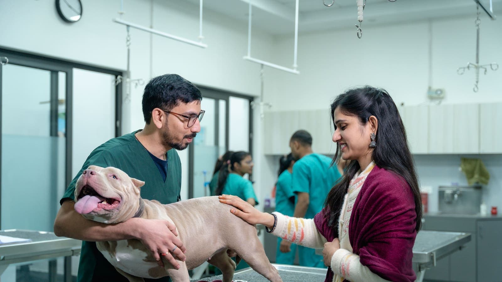 A vet in green scrubs steadies a happy dog on the examination table while its smiling owner strokes its back and listens.