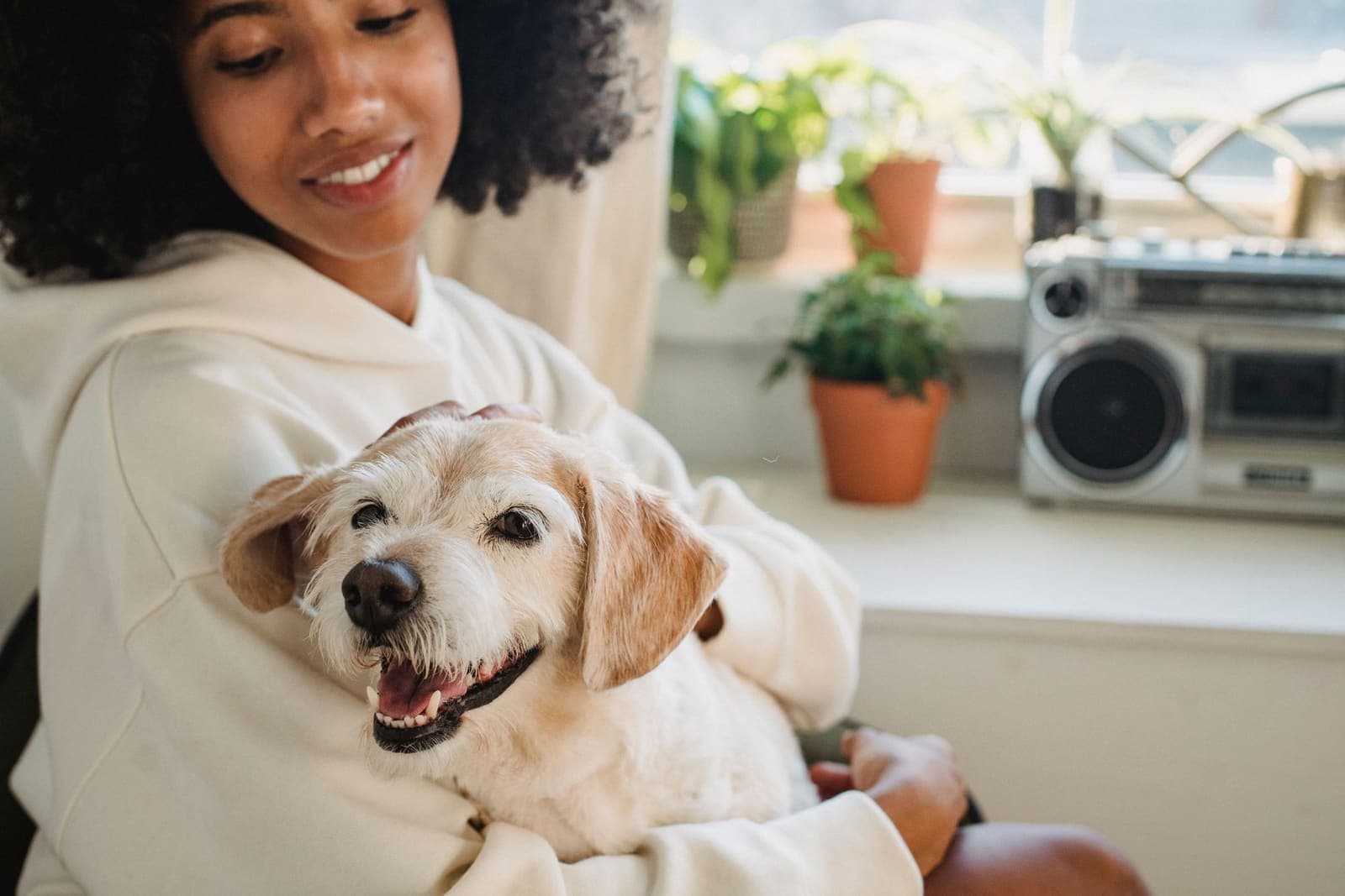 A woman sitting by a sunny window, holding her small cream-coloured dog in her lap.